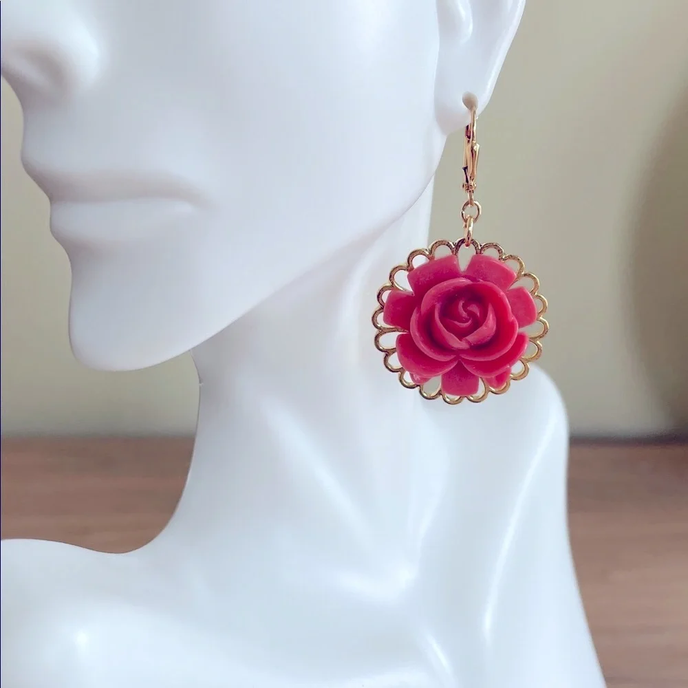 HAND CRAFTED PINK ROSE EARRINGS Acrylic Floral Components Pink Gold